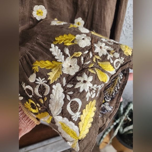Anthropologie Lithe Linen Brown Floral Embroidered Dress - Picture 7 of 9